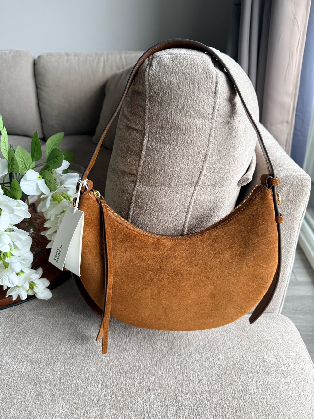 Tory Burch Romey Suede Hobo Leather Suede Crescent Half Moon Bag - Camel NWT